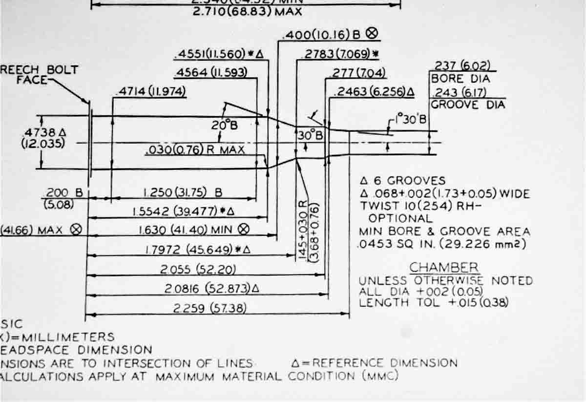 SAAMI specifications not only show chamber and throat dimensions, but rifling twist. This is the chamber drawing for the .243 Winchester, with the suggested rifling twist noted in the lower right corner. Yet, John has owned factory .243s with 1:7 and 1:9 twists, as well as the “standard” 1:10, which can make a major difference in accuracy with some bullets.